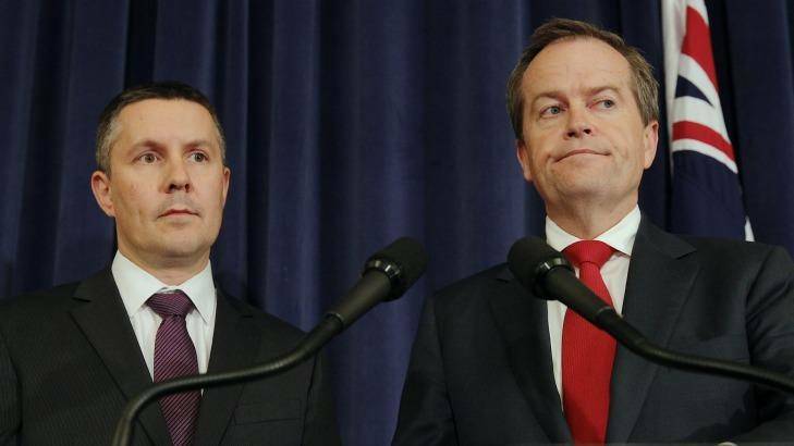 Bill Shorten, pictured with Labor's environment spokesman Mark Butler, dismissed as "complete rubbish" reports that his party was planning to resurrect a carbon tax policy. Photo: Alex Ellinghausen 
