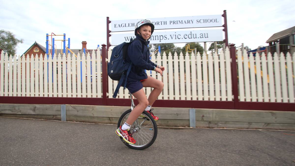 Brodie James who got a unicycle for christmas and now rides to school.
Minister for Sport and Recreation Damian Drum urges students to embrace pedal power ahead of National Ride2School Day at Eaglehawk North Primary School.
Picture: PETER WEAVING