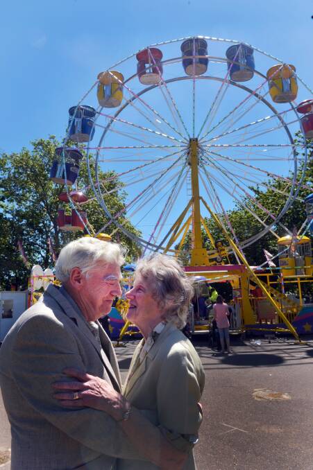 Keith and Virginia McShanag celebrating their 55th wedding anniversary at the Castlemaine Show ferris wheel where they first met.
Picture: BRENDAN McCARTHY