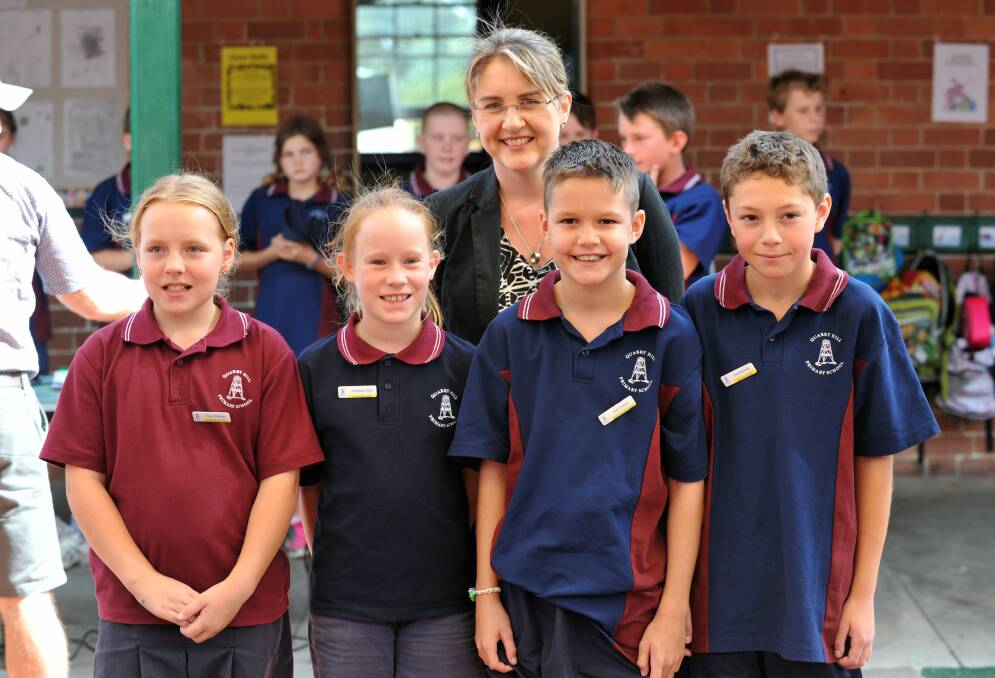 Quarry Hill Primary School captains and Jacinta Allan MP. Picture: JODIE DONNELLAN 