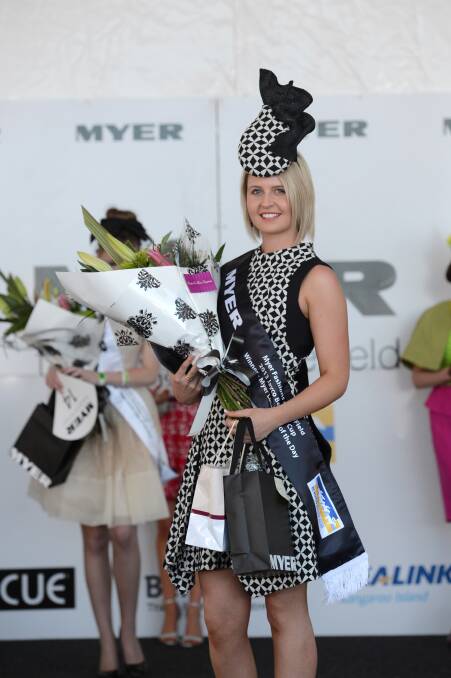 Myer Local Lady of the Day and winner of the Myer Millinery Award Amy Gardner for the Myer fashions on the field at the Bendigo Cup. Picture: JIM ALDERSEY
