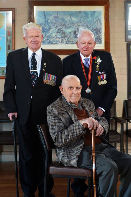 SPECIAL MILESTONE: WWII veterans Ivon Hutcheson, Bill Hosking and George Addlem will commemorate Anzac Day. Picture: BRENDAN McCARTHY
