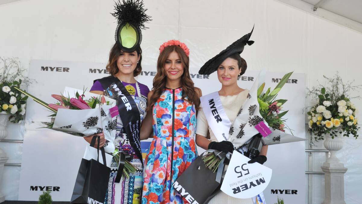 Myer Lady of the Day winner Lauren Ellery, Myer Ambassador Lauren Phillips and runner up Jessica Mahilia for the Myer Fashions on the Field at the Bendigo Cup. 
Picture: JIM ALDERSEY
