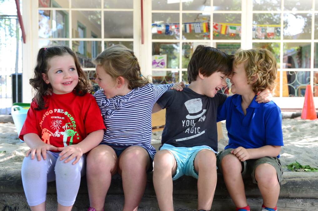 SMILE WIDE: Preschoolers Chelsea Doolan, 4, Mietta Robertson, 4, Charlie Black, 4, Cooper Shevlin, 4. 
