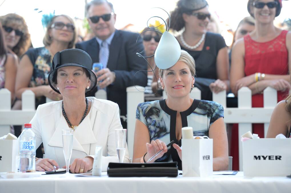 Jools for Jim's Jill Cantwell-Fox and milliner Rebecca Share judge the Myer fashions on the field at the Bendigo Cup. Pictures: JIM ALDERSEY
