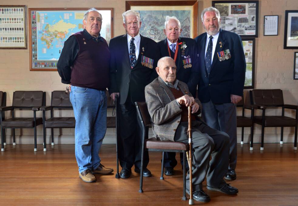 SPECIAL: Secretary Craig Chilver, WWII veterans Ivon Hutcheson and Bill Hosking, President Charlie Lewis-Martin and WWII veteran George Addlem. Picture: BRENDAN McCARTHY
