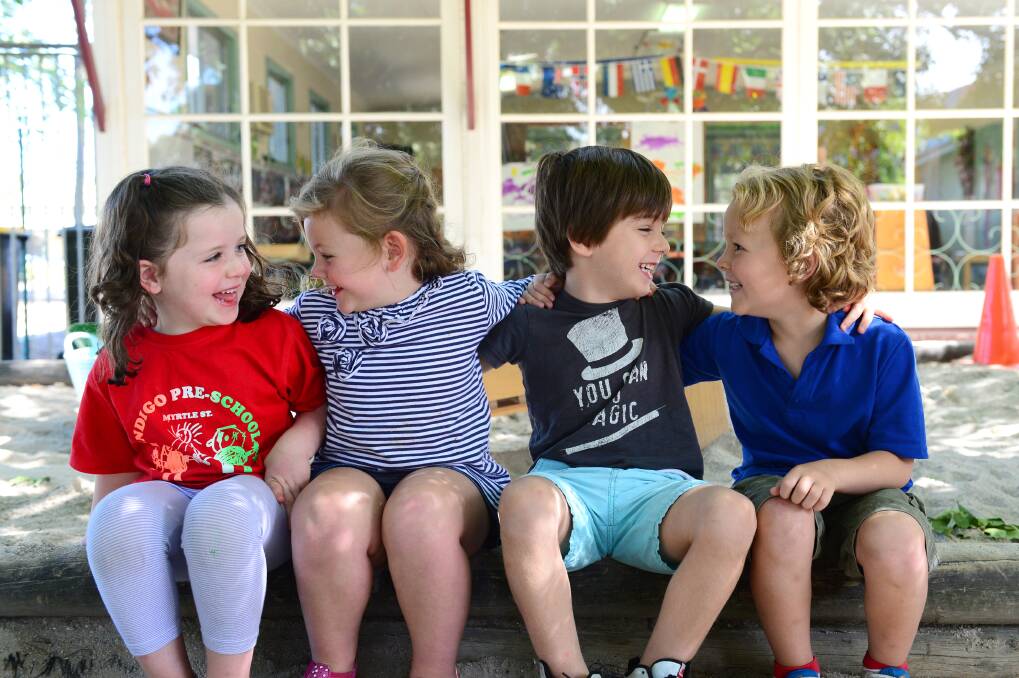 Bendigo pre-preschoolers Chelsea Doolan, 4, Mietta Robertson, 4, Charlie Black, 4, Cooper Shevlin, 4, share a laugh ahead of National Day of Happiness on Thursday. Picture: JIM ALDERSEY

