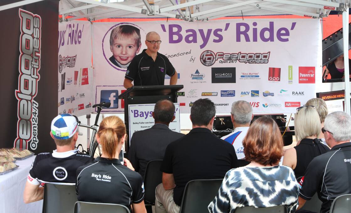 Bailey's father Roger Fuller speaks at the launch of Bays Ride. Picture: PETER WEAVING