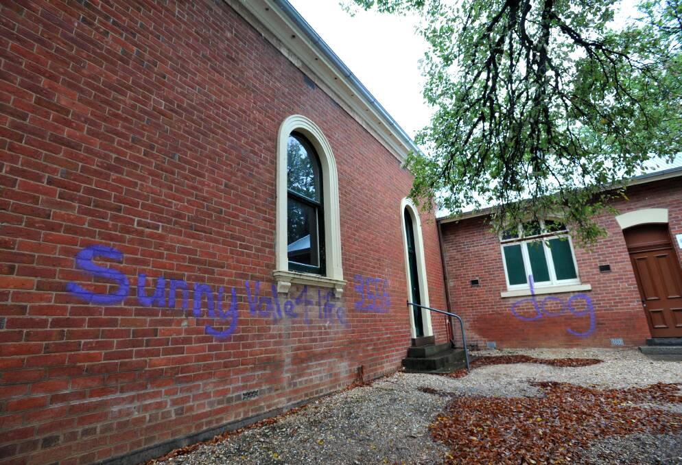 Graffiti on the Eaglehawk Town Hall. Picture: JODIE DONNELLAN