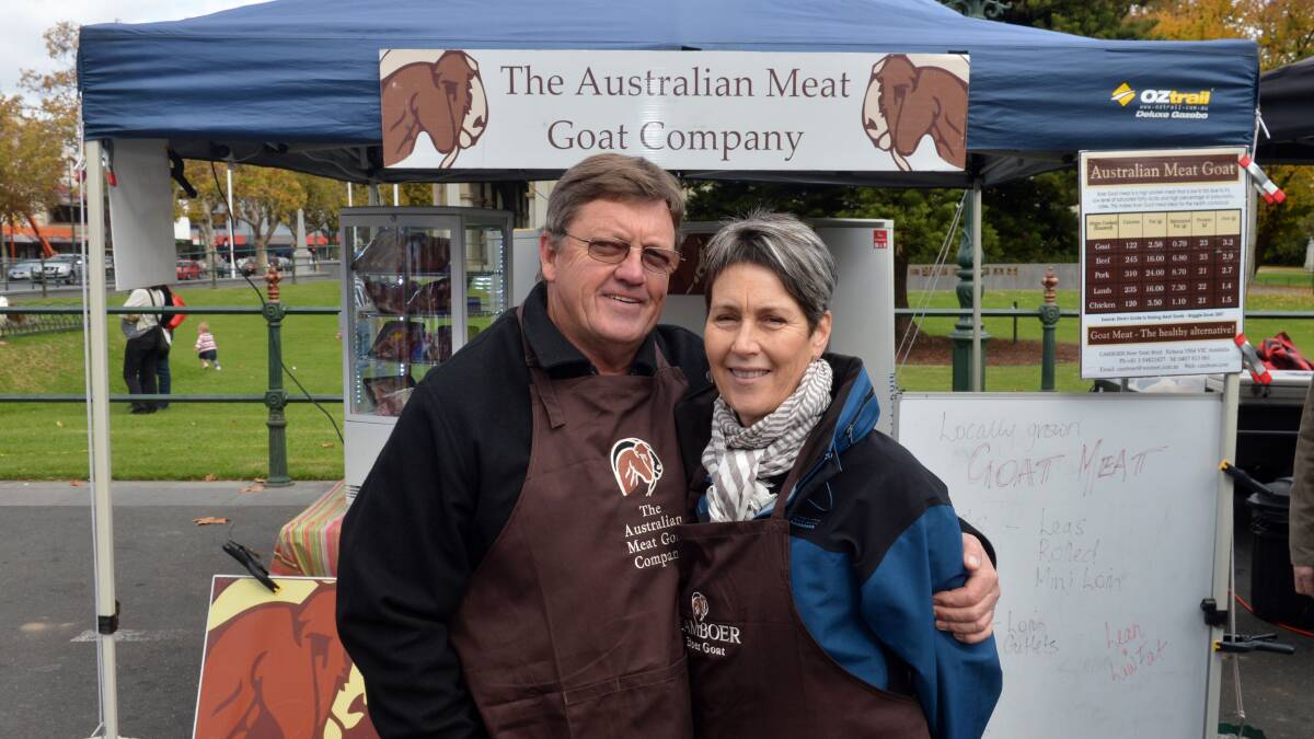 MEAT AND GREET: Ian and Ruth Turpin of Camboer Boer Goat Stud at the Bendigo farmers market. Picture: BRENDAN McCARTHY