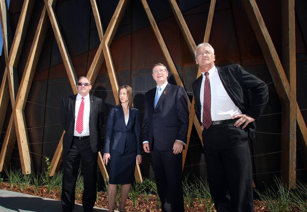 The premier Denis Napthine touring the new gallery wing ahead of its opening. 
 Barry Lyon, Karen Quinlan, Denis Napthine and Damian Drum. Picture: GLENN DANIELS
