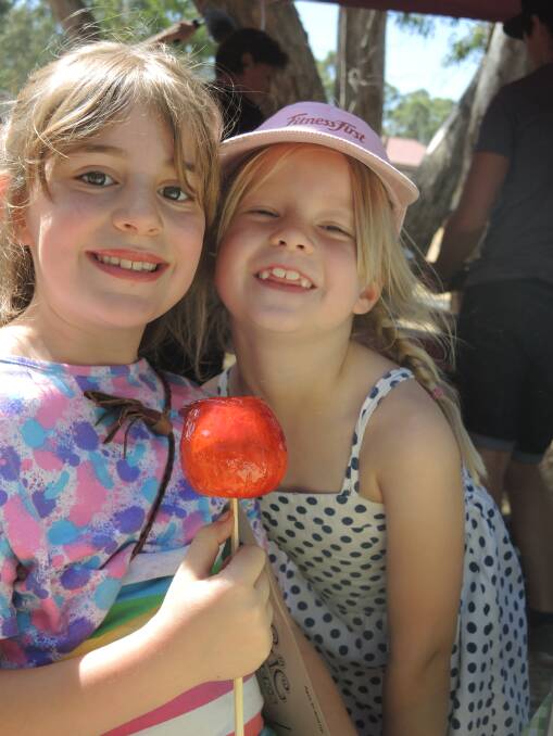 Tallulah, 7, and Wilkie, 6, team up for a toffee apple. Picture: DOROTHY COOK