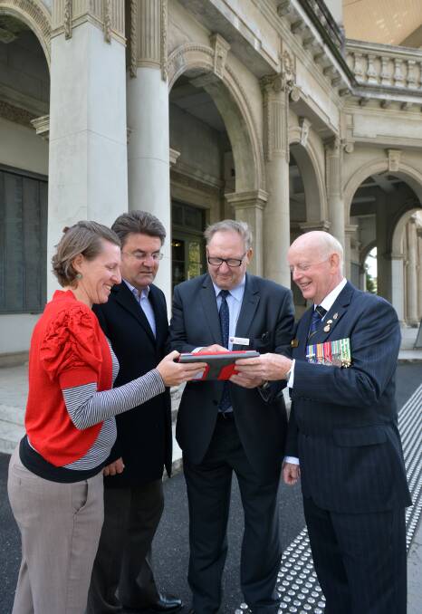 City of Greater Bendigo heritage planner Dannielle Orr, major events manager Terry Karamaloudis and Mayor Barry Lyons with Bendigo RSL president Cliff Richards. Pictures: BRENDAN McCARTHY