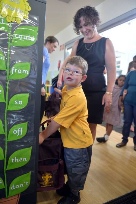 Mum Narelle Sherwood and Joshua at St Therese's Primary School. Picture: BRENDAN McCARTHY