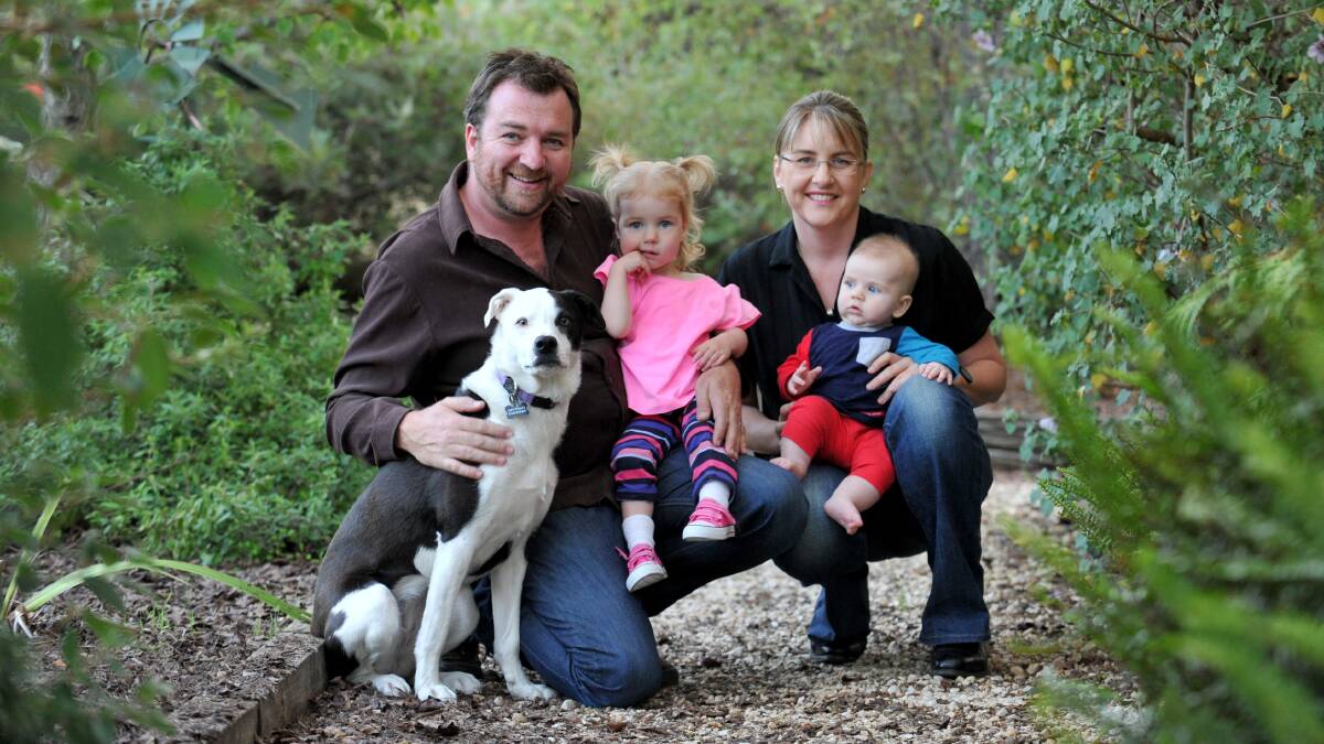Jacinta Allan and Yorick Piper with Peggy, 2, Cormac, 4 months and dog Mindo. Picture: JODIE DONNELLAN 