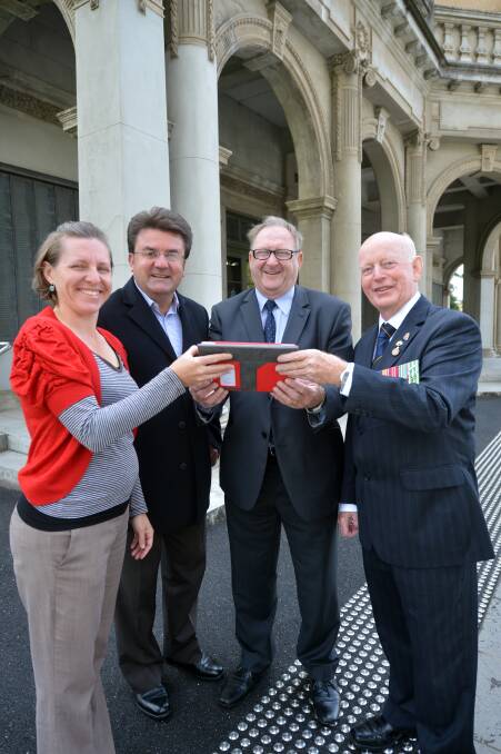 City of Greater Bendigo heritage planner Dannielle Orr, major events manager Terry Karamaloudis and Mayor Barry Lyons with Bendigo RSL president Cliff Richards. Pictures: BRENDAN McCARTHY
