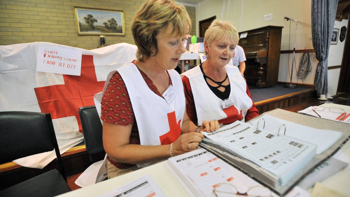 FEBRUARY 9, 2009: Red Cross volunteers Ros and Wendy helped register people arriving at the relief centre in Eaglehawk. Picture: Alex Ellinghausen 