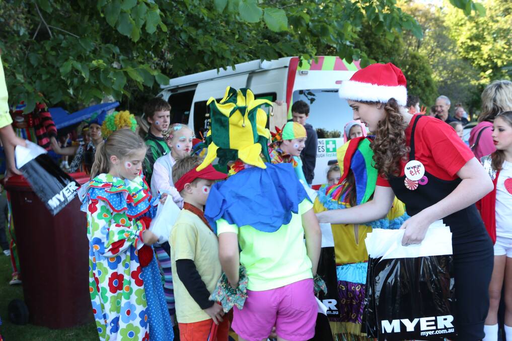 Myer Elves distributing gift bags. Picture: LIZ FLEMING