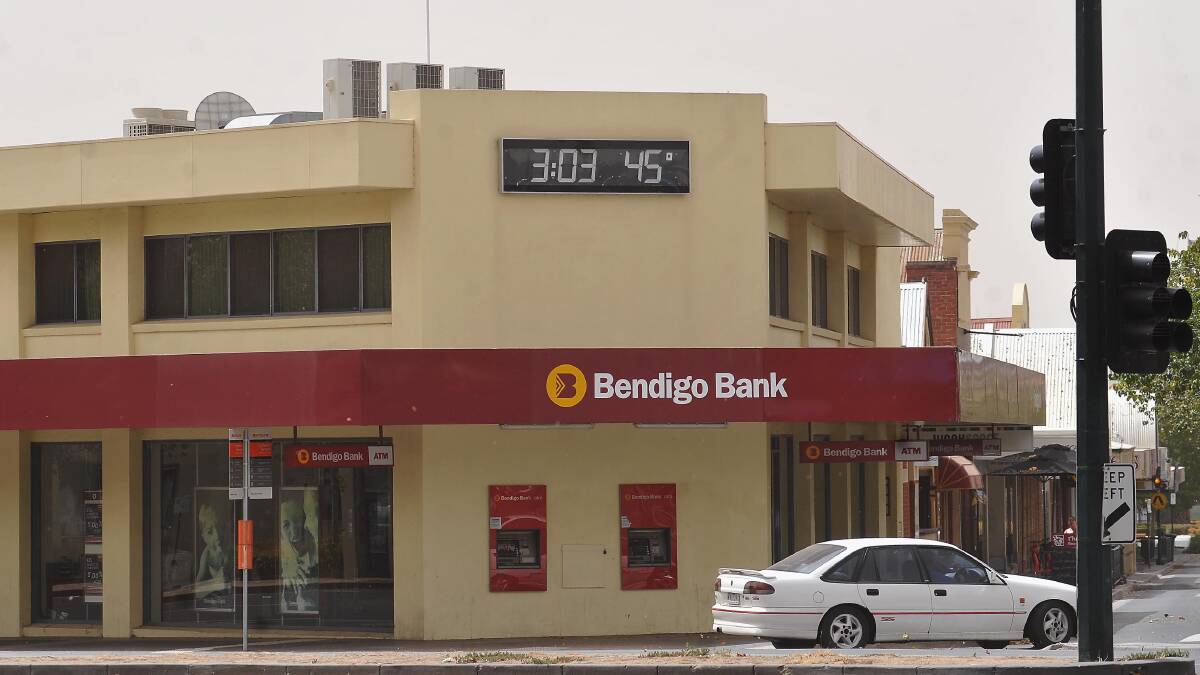 FEBRUARY 7, 2009: Temperatures soar to 45 degrees as indicated by the Bendigo Bank digital temp guage. Picture: Julie Hough