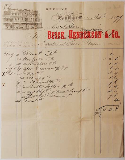 Shopping at the Beehive in 1879 - for three pound you could come home with two pairs of drawers (underwear), collars, an umbrella, some buttons, soap, 3 flannel (facewashers)  and some lace, from Darren Wright collection

