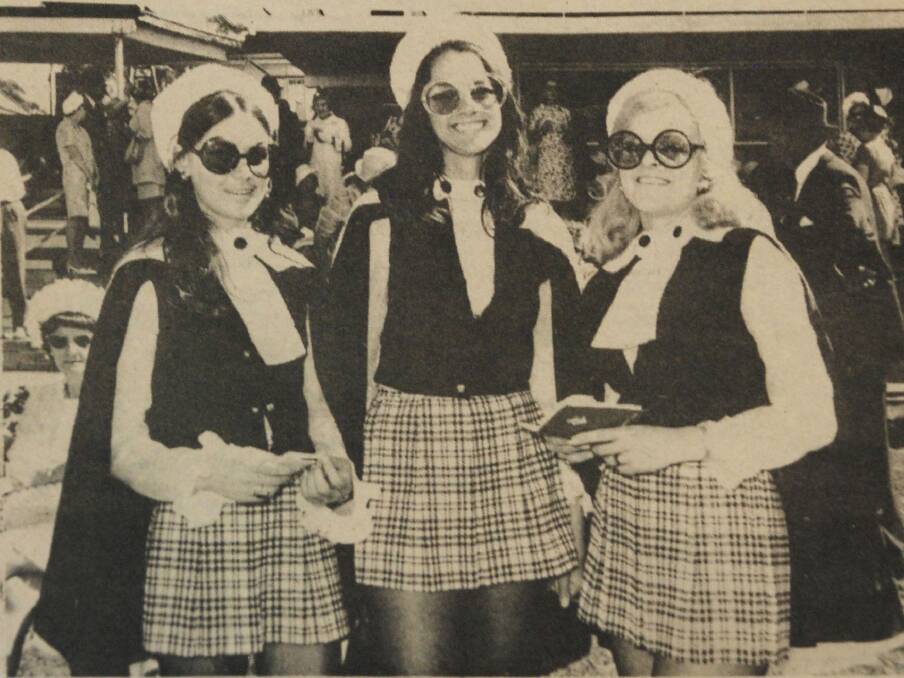 1969 Bendigo Cup racegoers ~ Christine Godkin, Shirley Gladman and Diane Lienhop. They are dressed in black and white to promote Black and White Scotch Whisky.