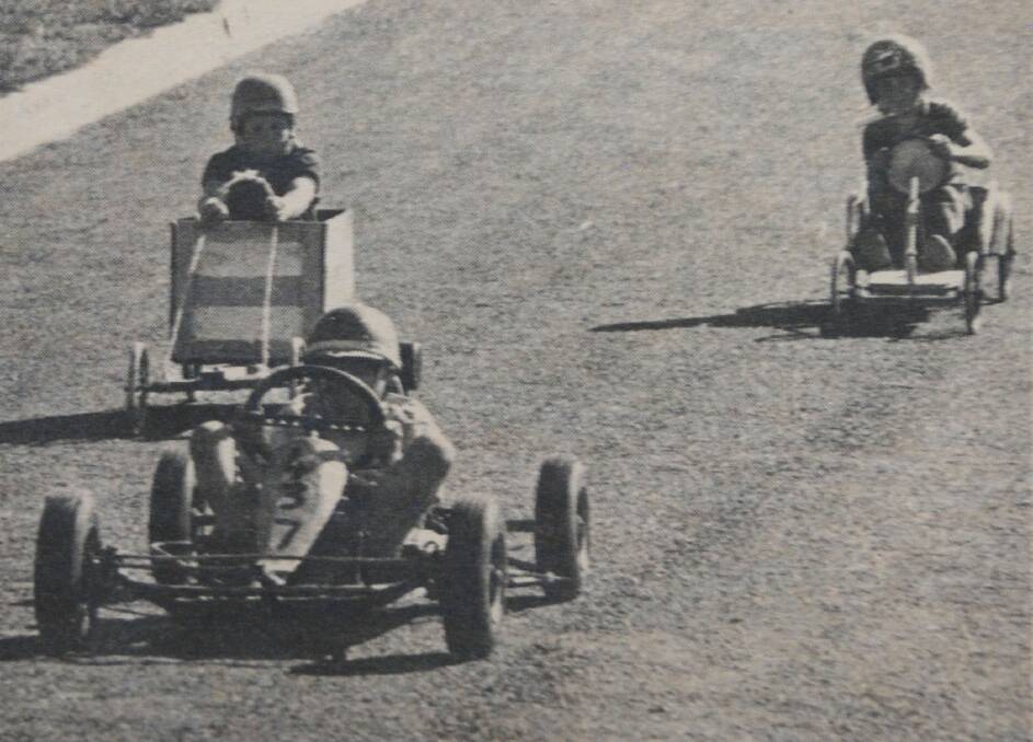1969 Thrills and spills ~ Comet Hill State School's Soap Box Derby day. The Ermel boys, Peter and trevor, were champs, as were Lyn Cartwright and Karen Hahnel