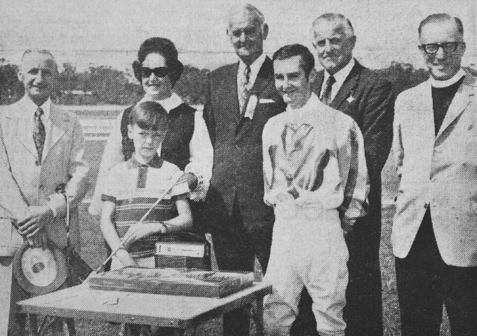 Marong Cup winner Irish Saint and her connections. Mr R McLaren (trainer), Mrs P Banks and son Peter, (owner), Cnr Flood, President Mr Lienhop,  N Shelton (jockey) and Rev. Father Curtain.
