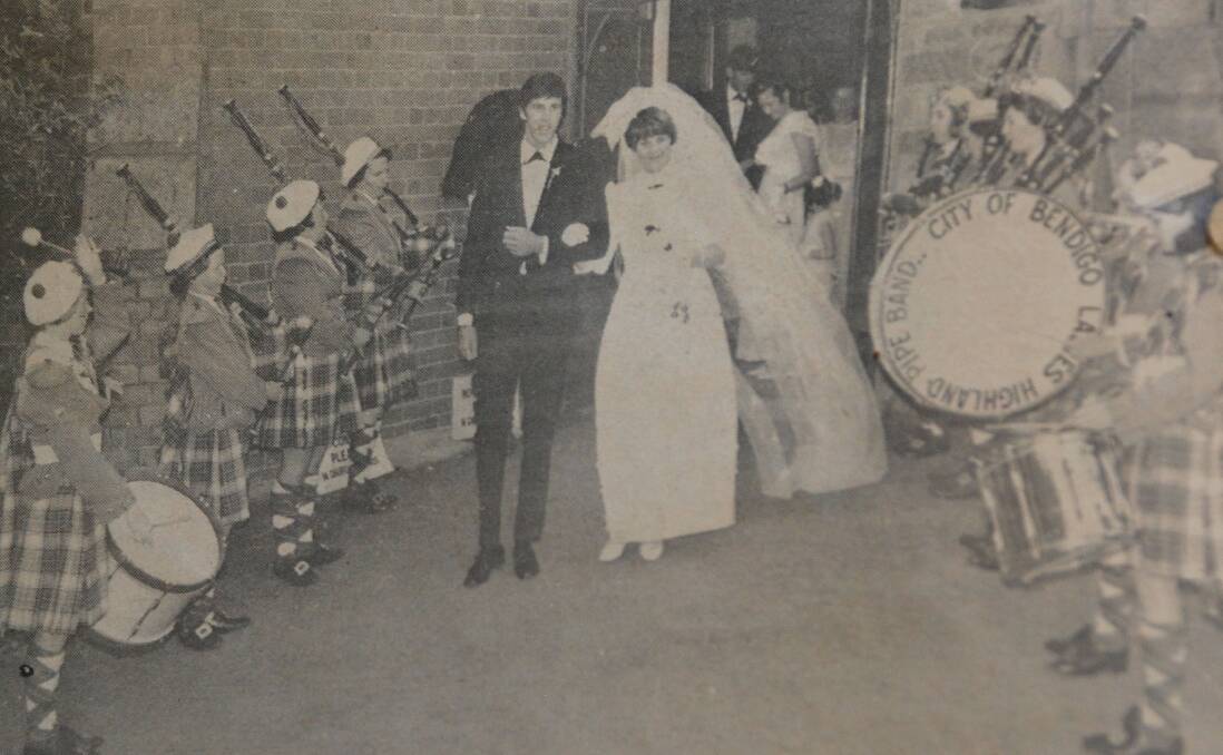 Bride Miss Leonie Morrissey and groom Mr Colin Douglas of Shelbourne were married at All Saints Cathedral, Bendigo 1969