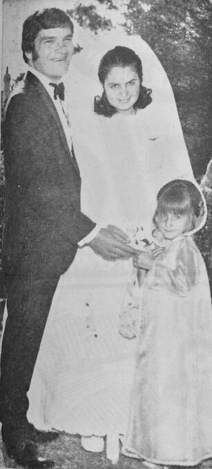 Bernard Davison and Margaret Isaacs were married in the Sacred Heart Cathedral. Flower girl is Cathryn Barnes.