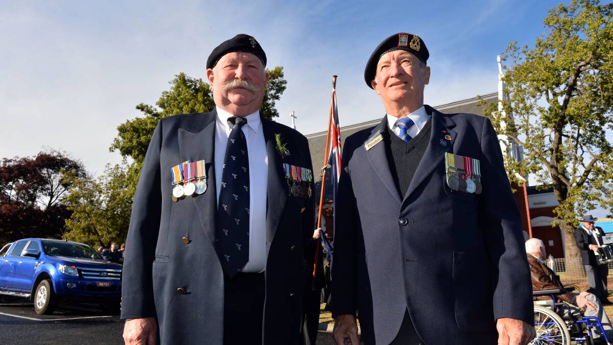 Robert Bail (KF RSL Committe member) and John Meagher (KF RSL President) at the ANZAC Day service at Kangaroo Flat
Picture: BRENDAN McCARTHY