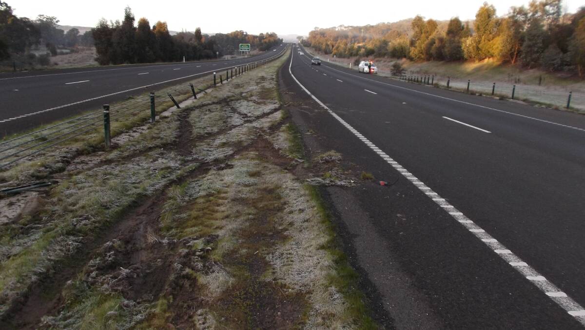 Crash scene: Skid marks on the Calder Freeway near Harcourt after a car hit by a small truck on Sunday. Picture: contributed.