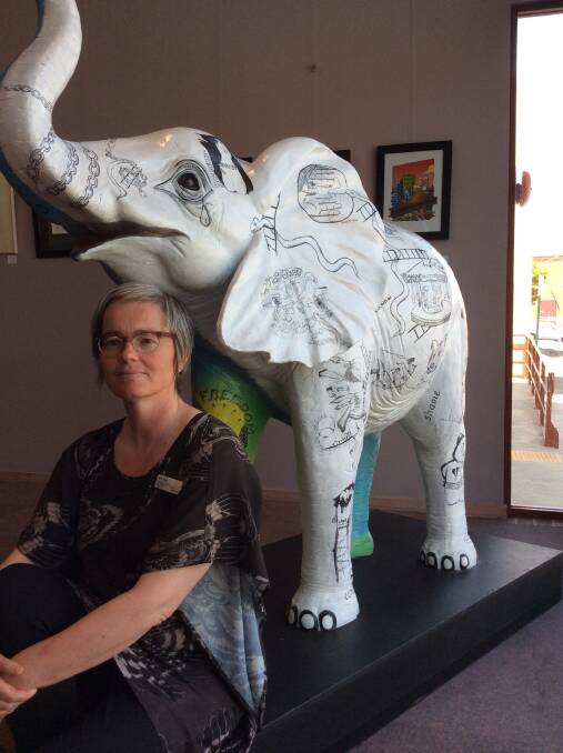 Mount Alexander Shire's coordinator Prevention of Violence Against Women Jane Staley with the elephant. Picture: JANE STALEY