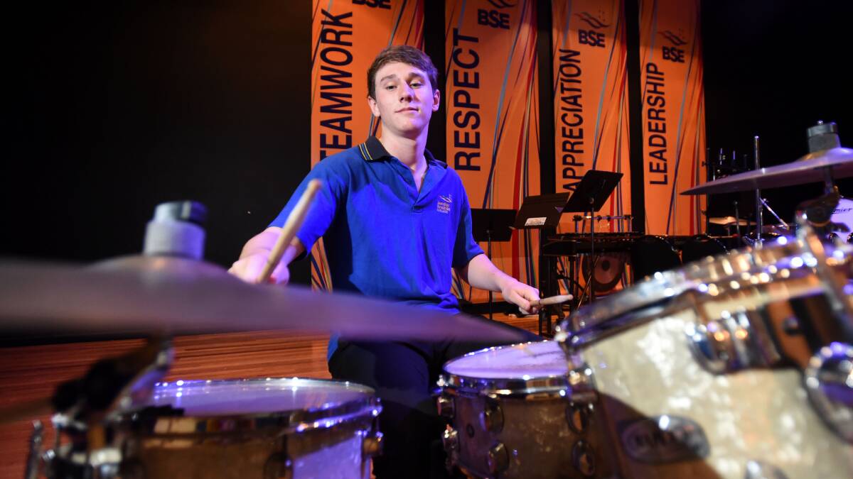 Kane Watts of Bendigo South East Secondary College on the drums.  Picture: JODIE WIEGARD 
