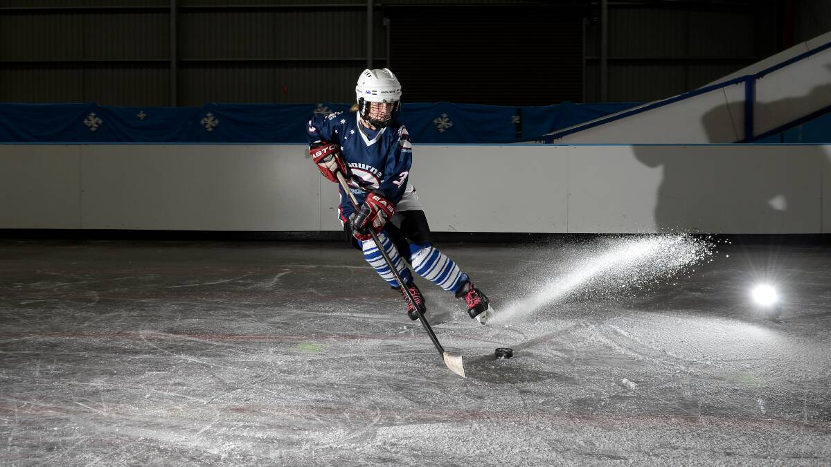 SKILL: Ice hockey player Emily Davis-Tope on the temporary ice rink in Bendigo. Picture: JIM ALDERSEY
