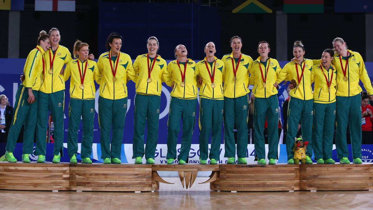 Commonwealth Games gold medallist Caitlin Thwaites (far right) with the Australian netball team.