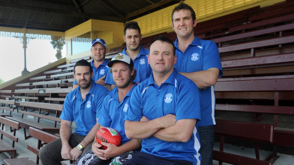 FRESH START FOR THE SUPEROOS: Back - Mick Galvin, Michael Spooner and president Wayne Eve. Front - Andy Grant, Tom Grant and coach Denis Grinton. Mitiamo meets Pyramid Hill in its opening game on Saturday.
