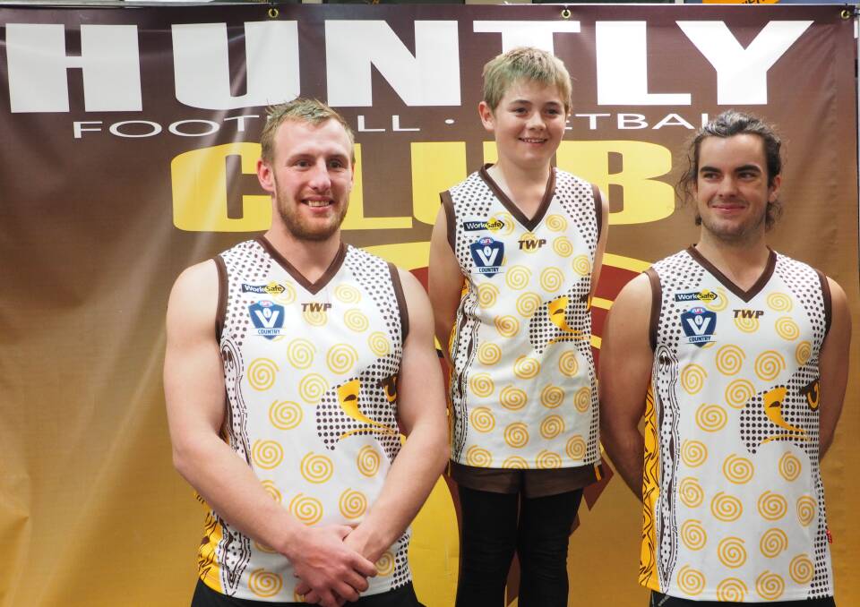 FRESH LOOK: Huntly's Stacy Fiske, Flynn Campbell and Braidy Dickens with the club's indigenous jumper. Picture: SHARON HOCKING
