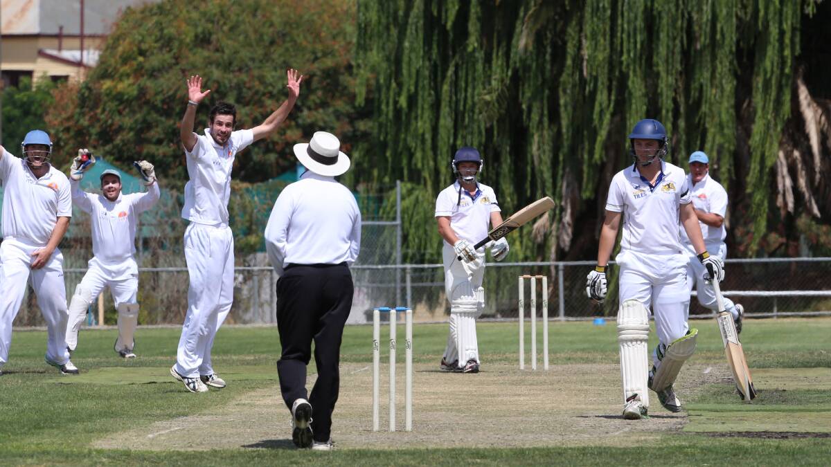Strathdale's Jacob DeAraugo appeals for the wicket of Scott Johnson.