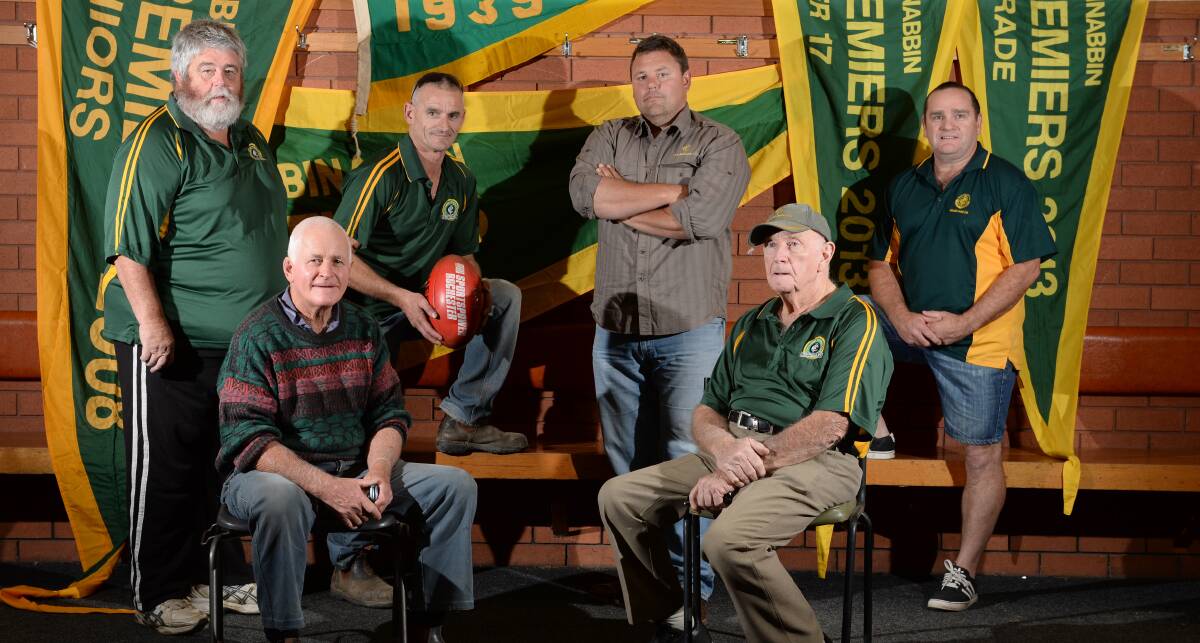 BIG YEAR: Colbinabbin life members Frank Stewart and Ron McTaggart (front) with secretary Mark Turner, coach Phil Morgan, president Tait Hamilton and centenary committee chairman  Andrew McTaggart (back) ahead of the club's celebrations. Picture: JIM ALDERSEY