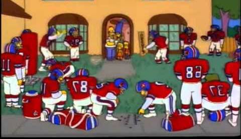 The Simpsons after they were gifted the Denver Broncos by Hank Scorpio in 1996.