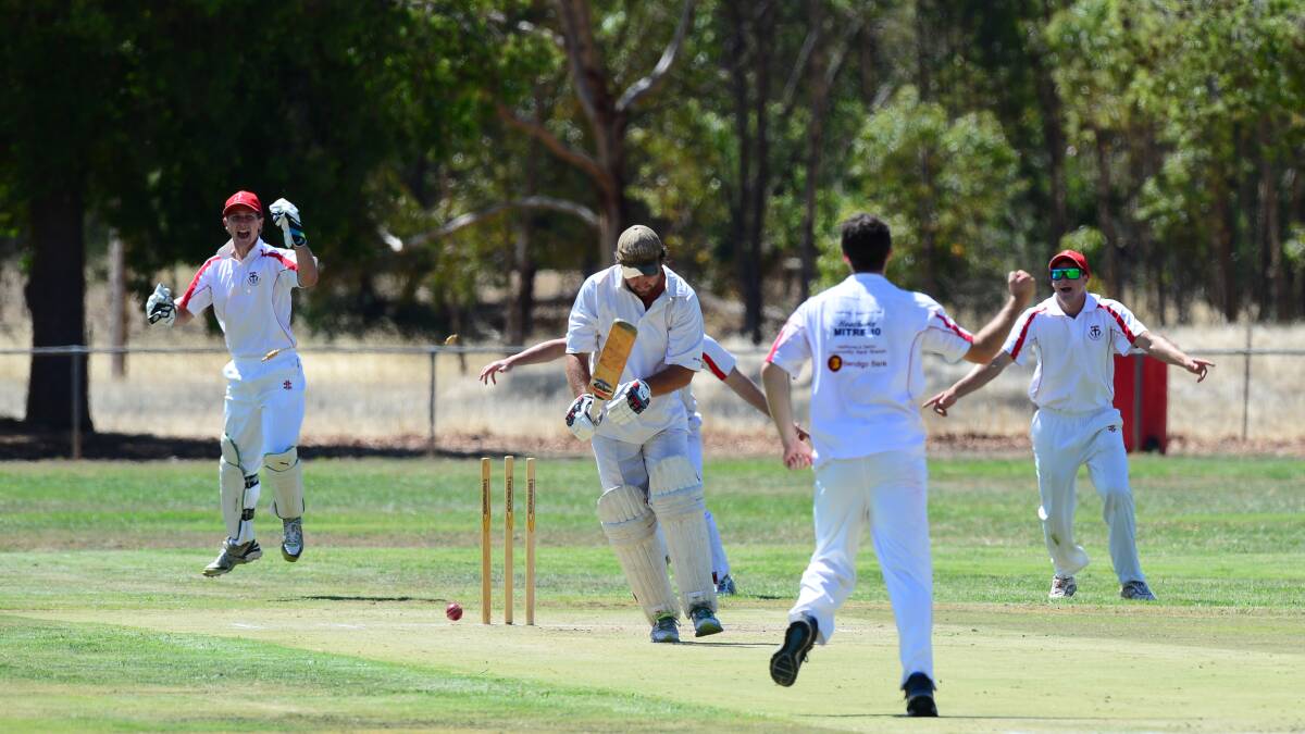 GOT HIM: Heathcote claims the wicket of Bagshot's Steven King in Saturday's grand final at Elmore. Picture: JIM ALDERSEY