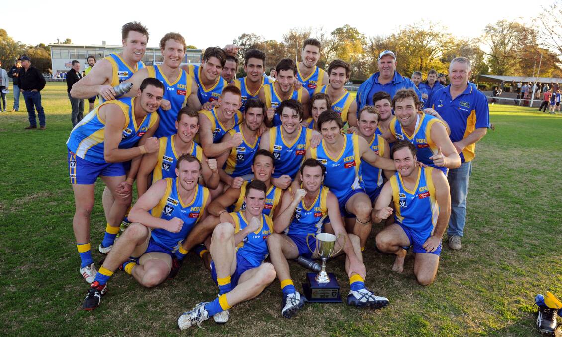 LET THE CELEBRATIONS BEGIN: Heathcote District's team that beat Horsham District. Picture: WIMMERA MAIL-TIMES
