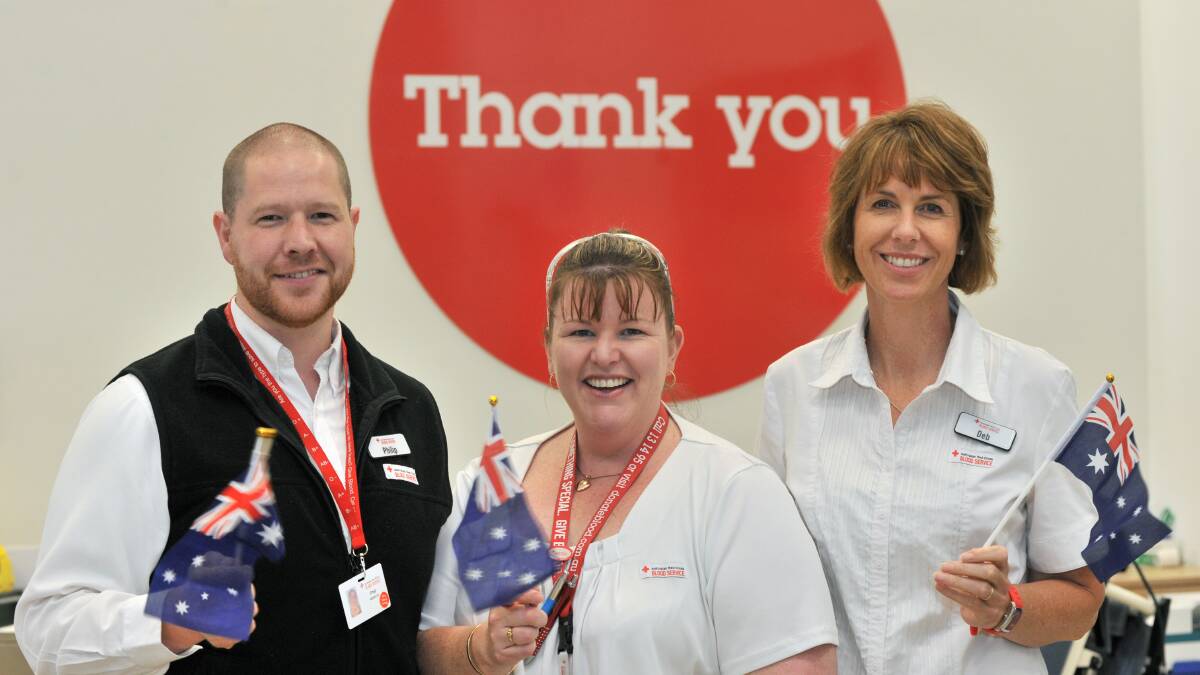 Blood service staff Phil Akeroyd, Jo Margetts and Deb Mayes are urging people to donate blood for Australia Day. Picture: JODIE DONNELLAN 