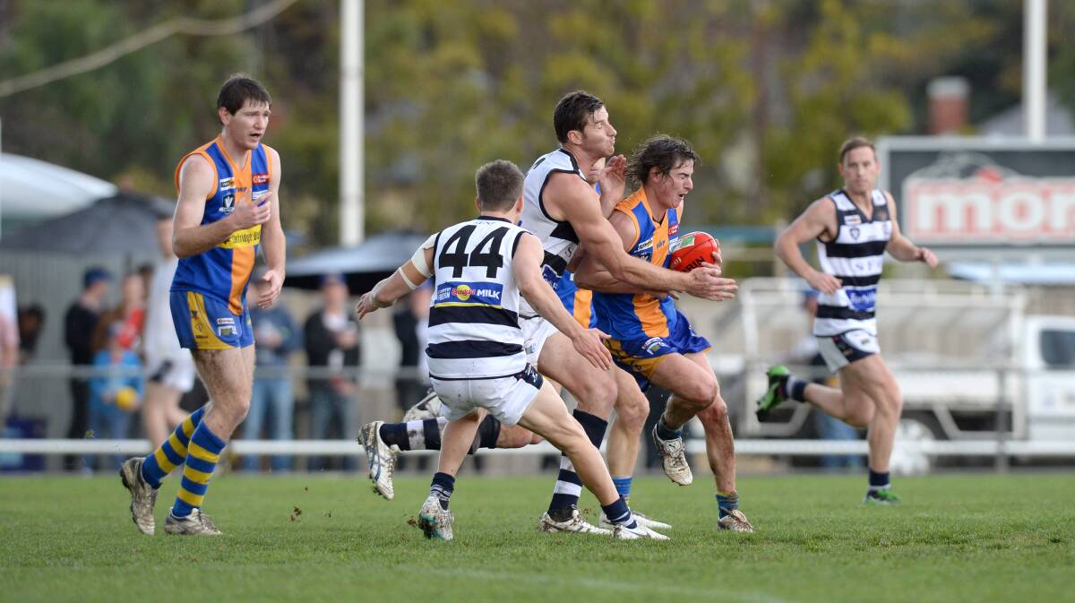 Action from Strathfieldsaye's 39-point win over Golden Square in round 10 of the Bendigo Football League on Saturday.