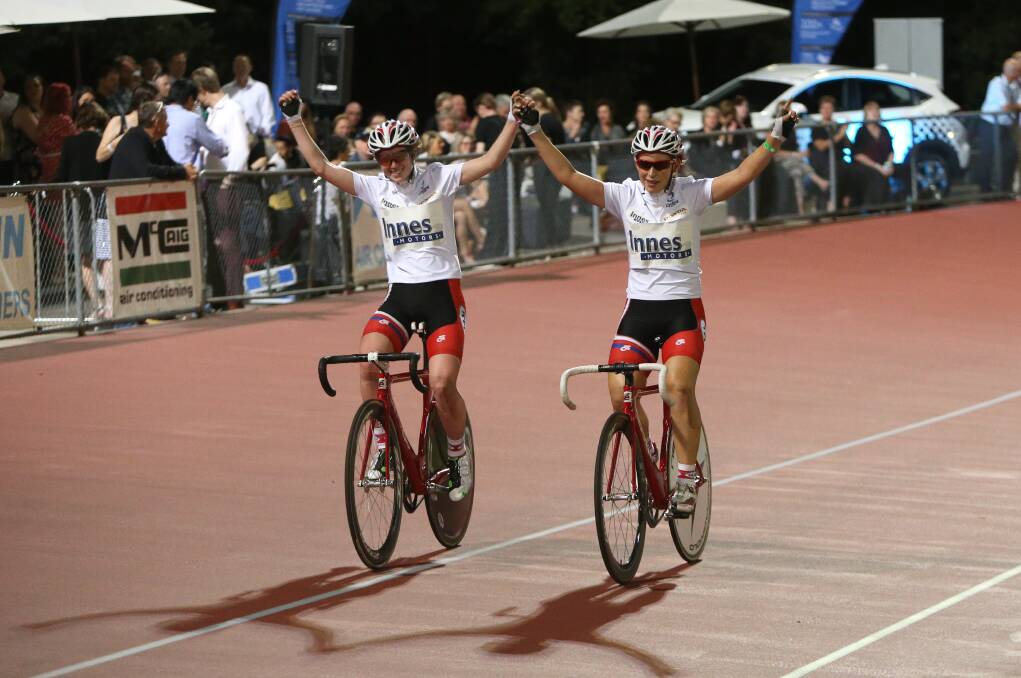 Alex Manly and Jess Mundy after winning the women's madison. PICTURE: PETER WEAVING