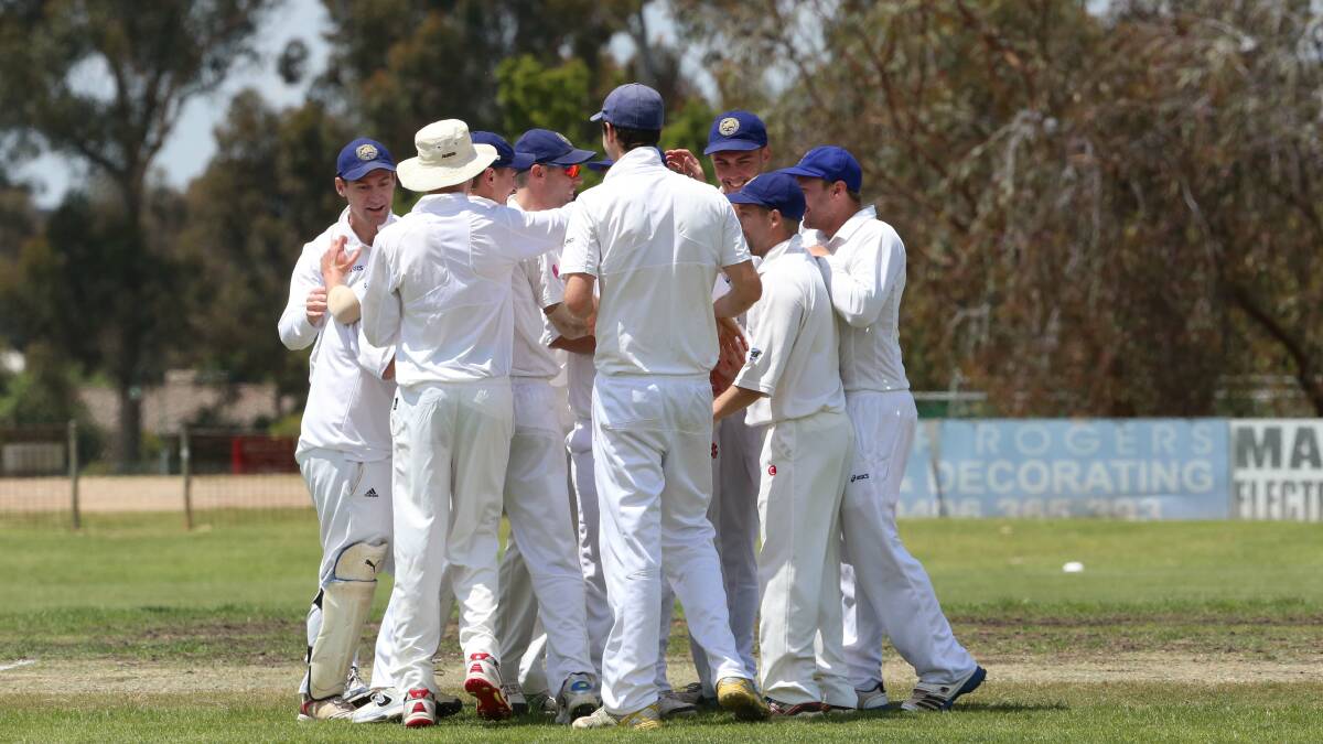 Players celebrate a wicket