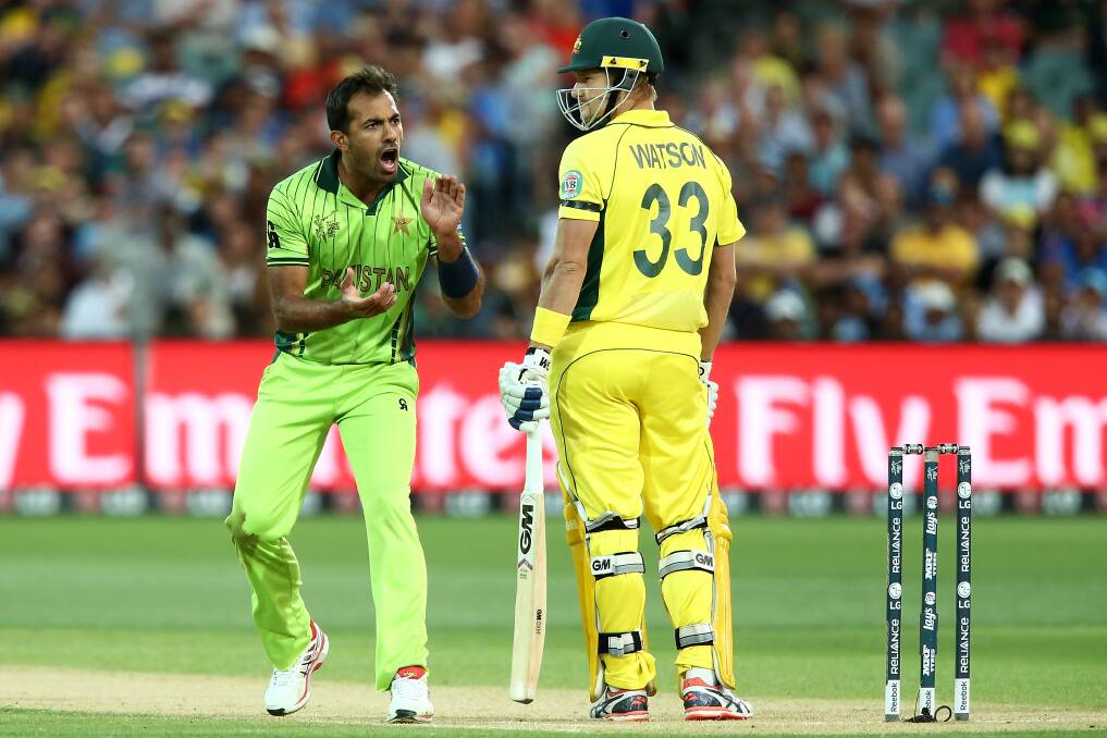 Pakistan's Wahab Riaz gets in the face of Australia's Shane Watson during the World Cup quarter-final. Picture: GETTY IMAGES