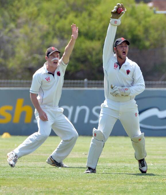 HOWZAT: White Hills team-mates Jayden Sheean and Brayden Stepien appeal for a wicket against Kangaroo Flat at Dower Park.