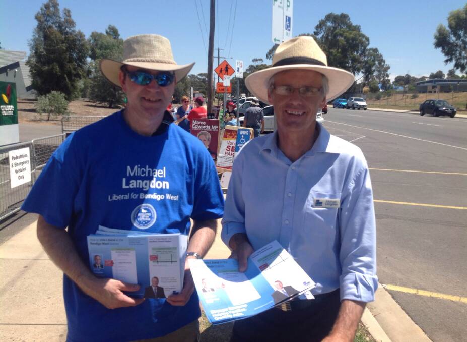 VOTE FOR ME: Liberal candidate for Bendigo West Michael Langdon hands out how-to-vote brochures outside Crusoe College. Picture: ANDI YU