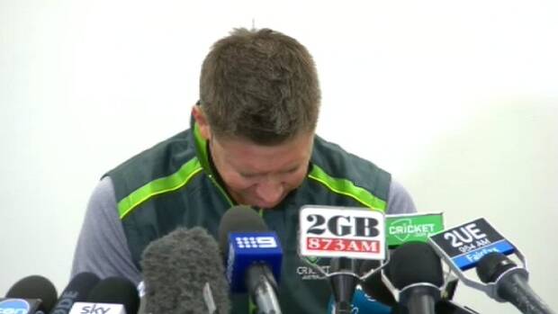 SAD SIGHT: An emotional captain Michael Clarke breaks down while reading a statement on behalf of the Australian cricket team this morning. Picture: THE AGE